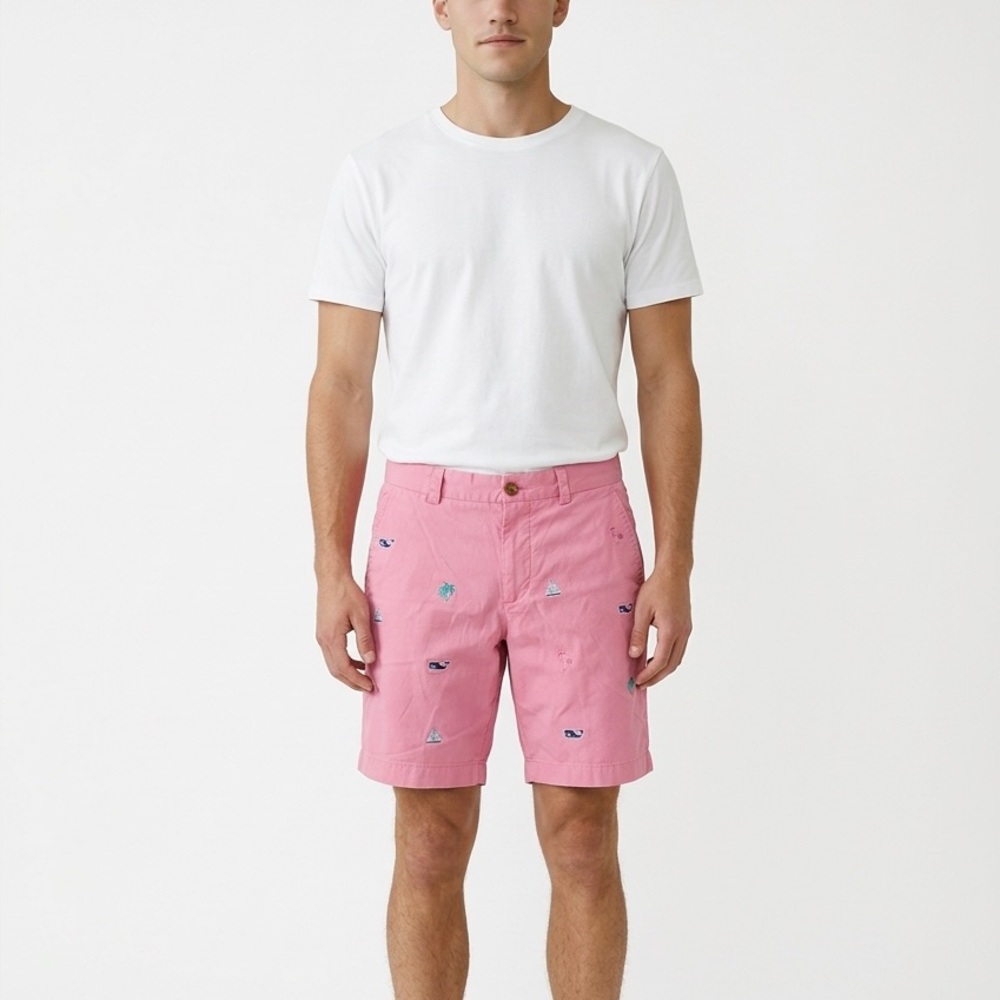 Vineyard Vines Breaker Shorts Men’s Pink Sz 28 Pockets Brown Buttons Golf Preppy